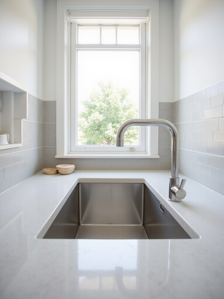 Large undermount stainless steel sink in a modern kitchen with quartz countertops and natural light.