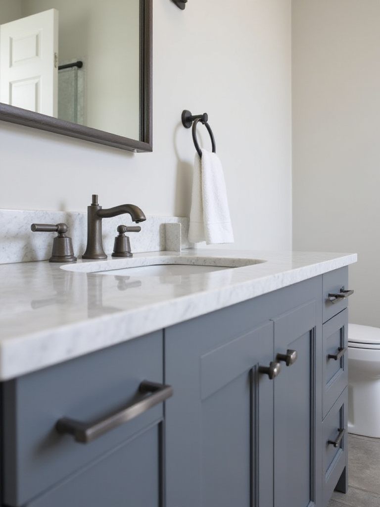 Transitional bathroom vanity with a simple sink, countertop, and hardware. Features clean-lined faucet, cabinet pulls, and towel bar in a brushed finish, embodying minimal detail.