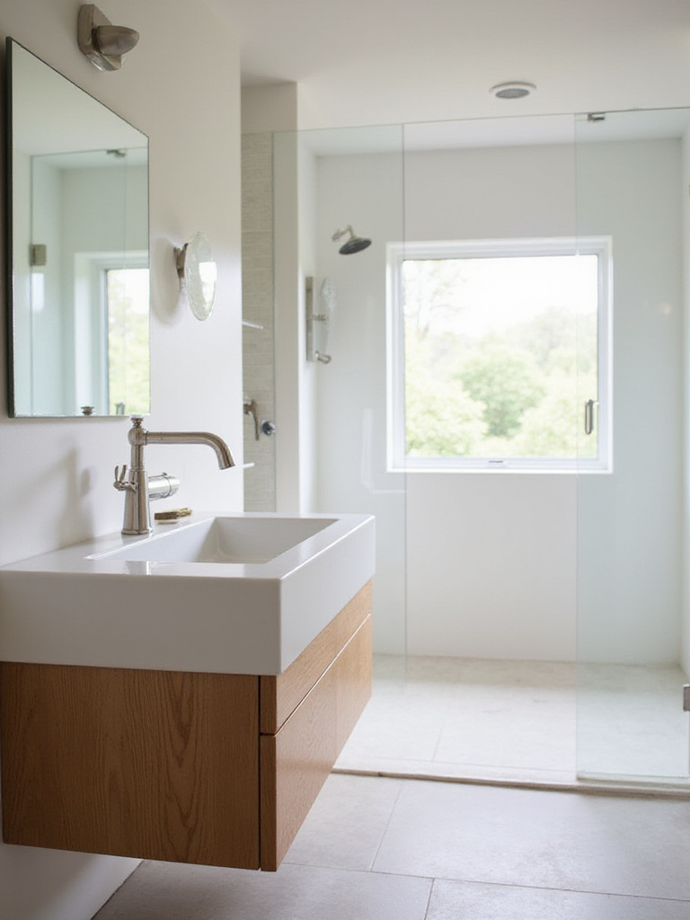 Transitional bathroom vanity with a simple floating wood vanity, white countertop, and a classic brushed nickel gooseneck faucet, illustrating timeless plumbing fixture selection.