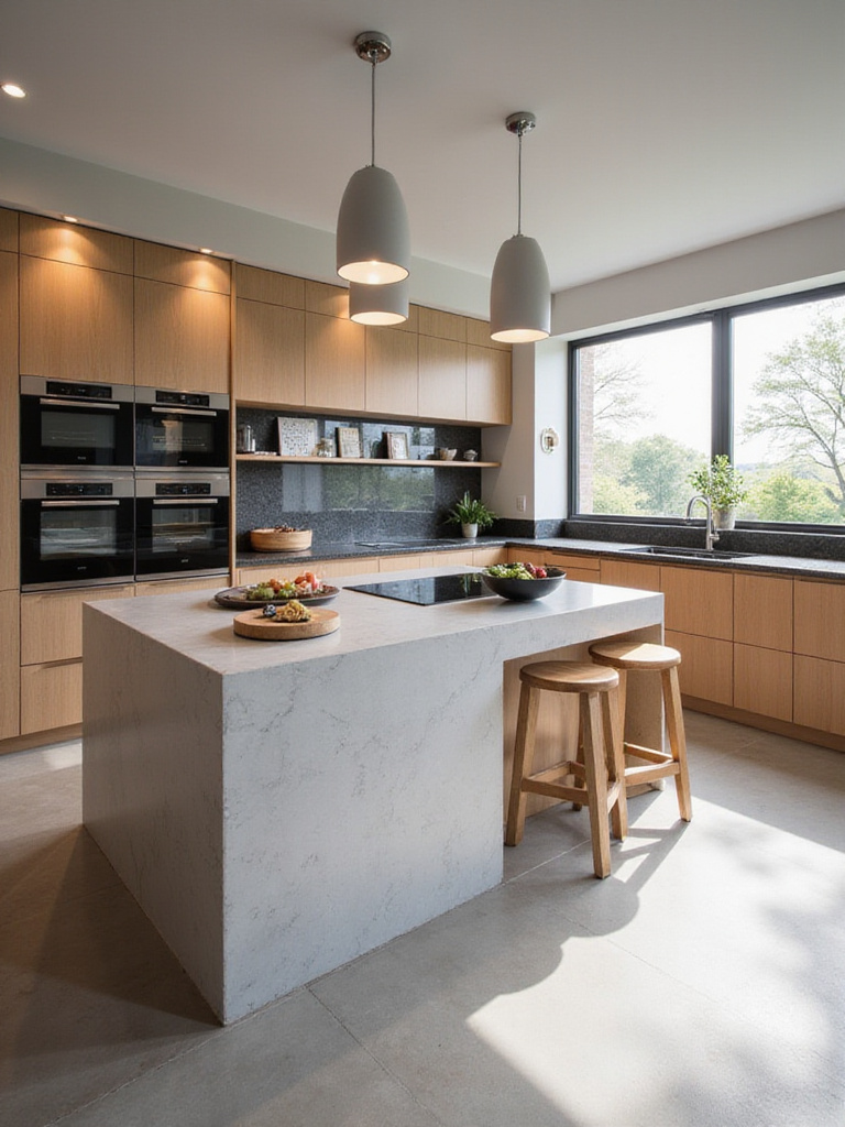 Modern kitchen design with quartz island countertop and granite perimeter countertops