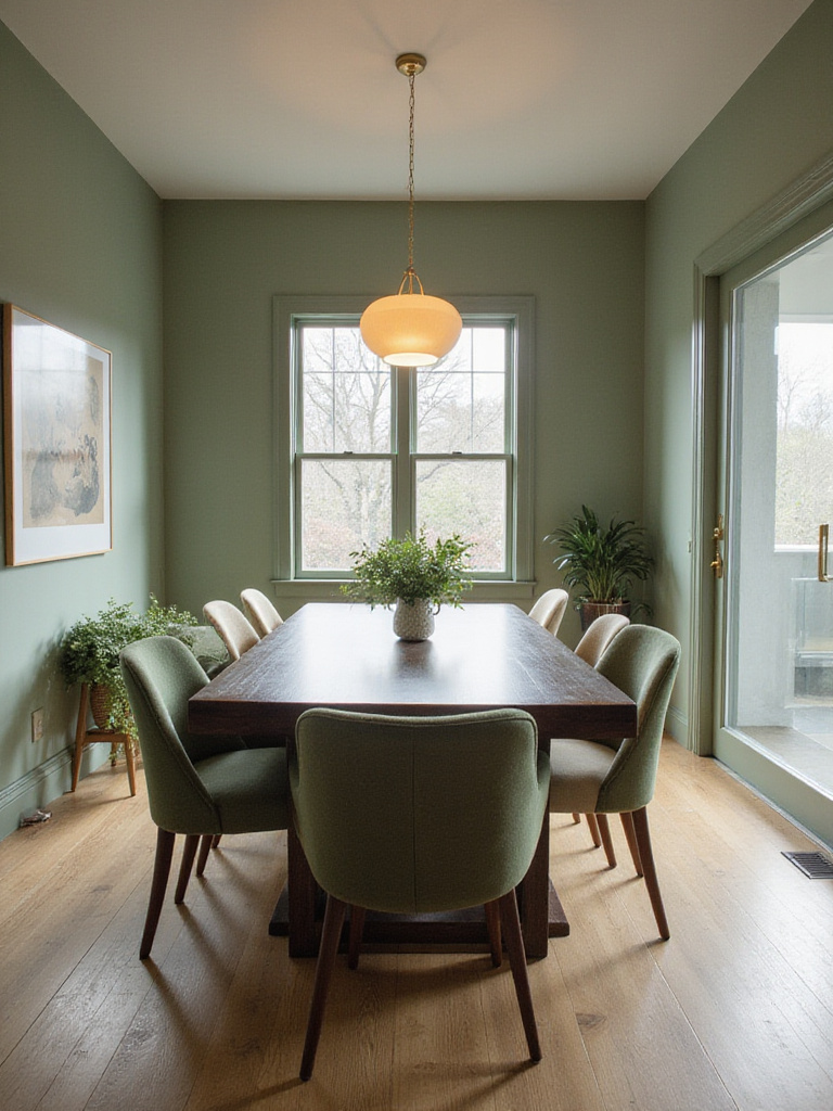 Dining room with sage green walls and a long wooden table.