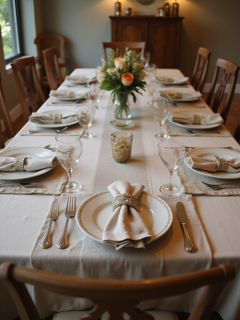 An elegant dining room table set with stylish linens, including a tablecloth, runner, placemats, and fabric napkins. The setting shows layered textiles in complementary colors and textures, ready for a meal.
