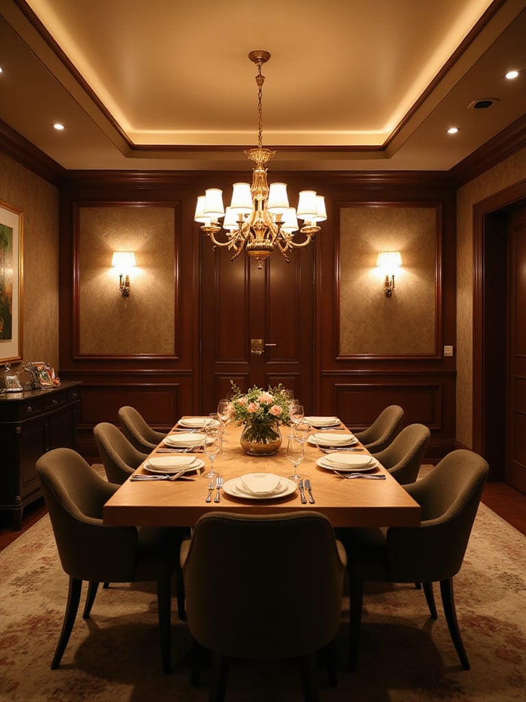 Dining room with layered lighting creating a warm and inviting atmosphere.
