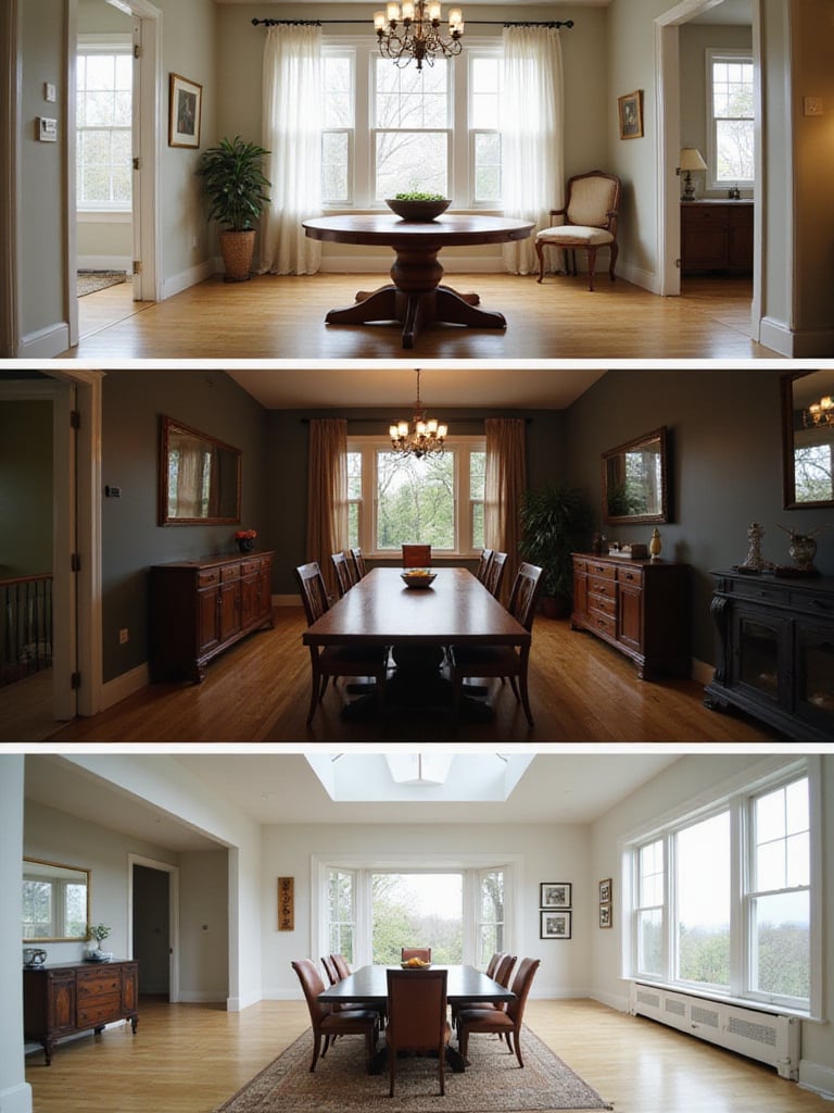 Three different dining room layouts showcasing round, rectangular, and square dining tables.