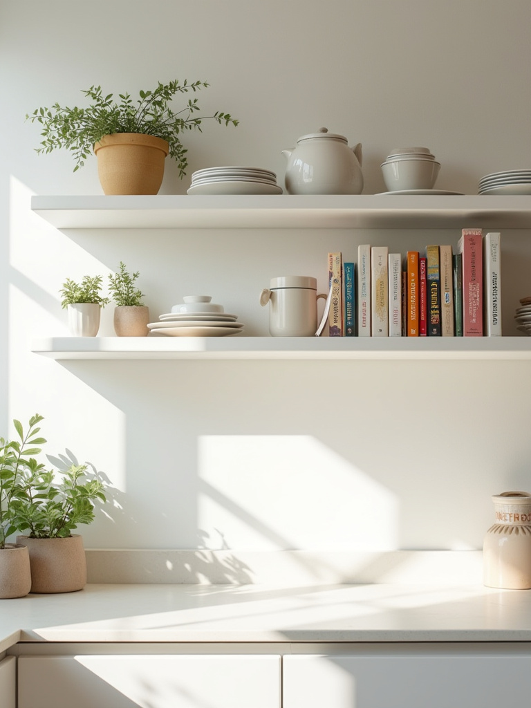 Styled open kitchen shelves in a bright apartment kitchen, featuring dishes, plants, and cookbooks arranged decoratively.