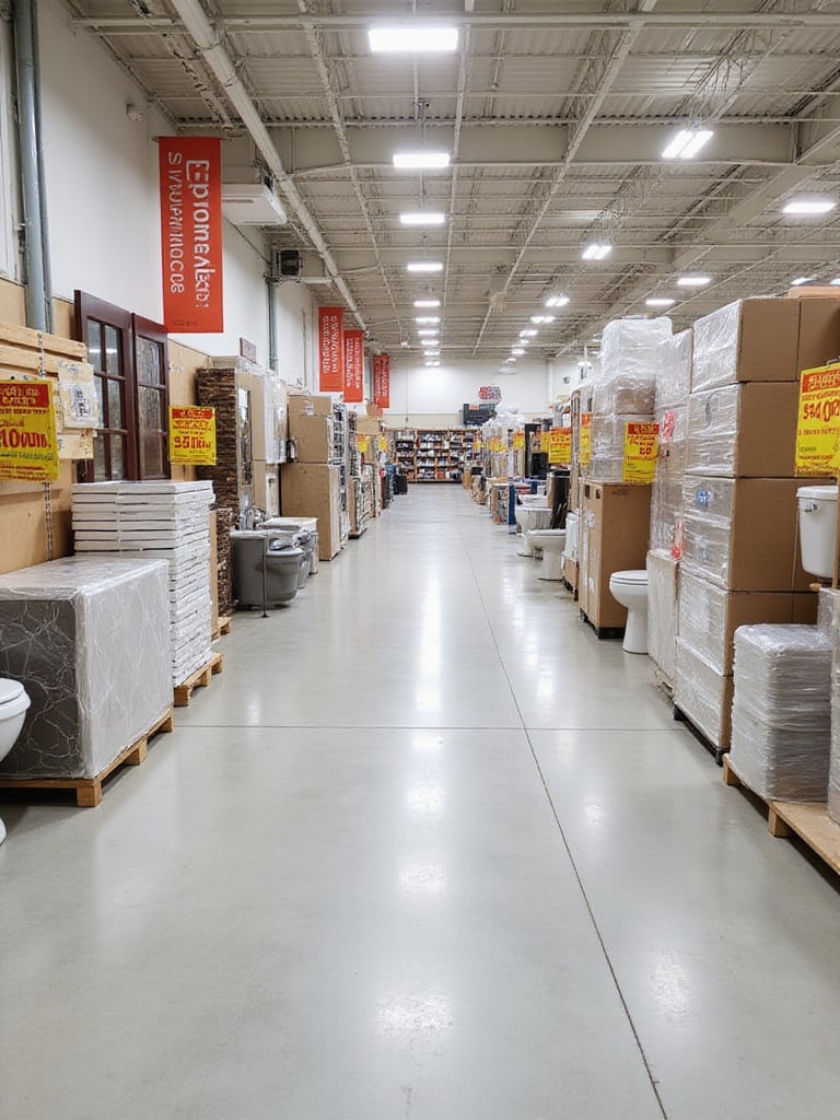 A view of a large home improvement store's clearance section filled with discounted bathroom renovation supplies like tiles, vanities, and fixtures under bright store lighting.