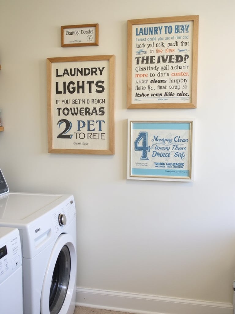 Fun wall art prints with humorous quotes or vintage laundry themes, showcasing personality and adding visual interest to a laundry room wall.