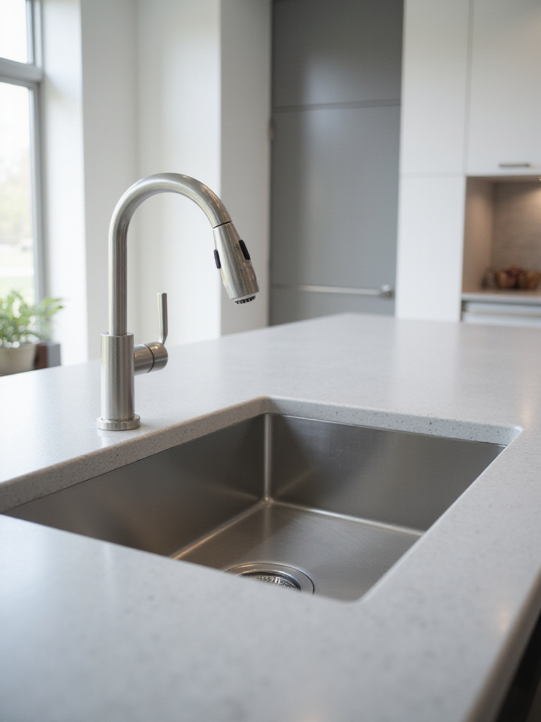 A large, deep single bowl stainless steel undermount sink in a modern kitchen with a light grey quartz countertop and minimalist design.