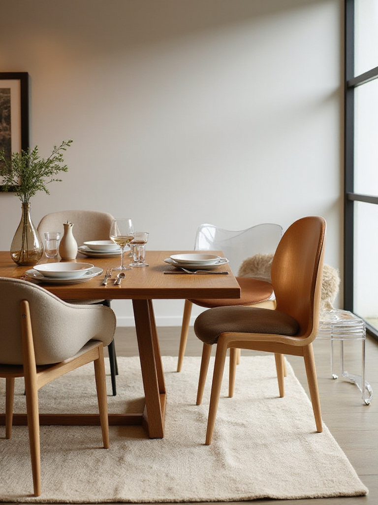 Modern dining room featuring a variety of stylish and comfortable dining chairs around a wooden table.