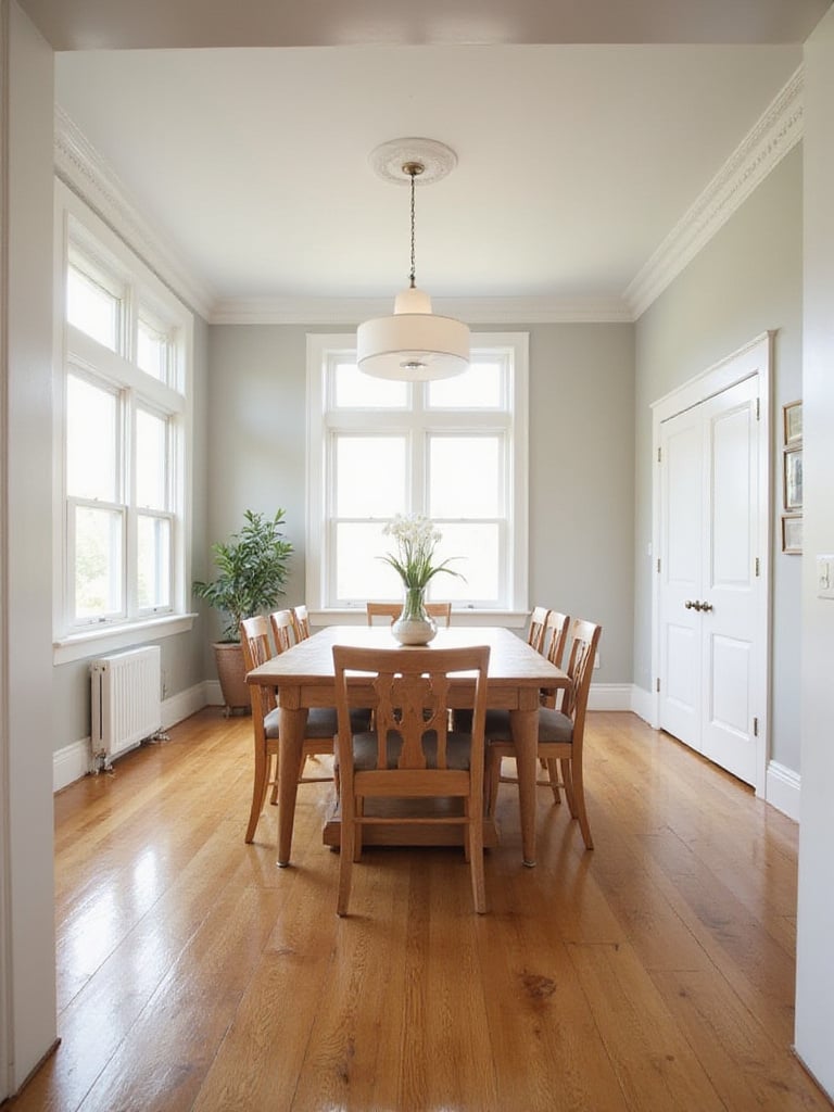 Dining room showcasing a properly sized rectangular table with ample space around it.