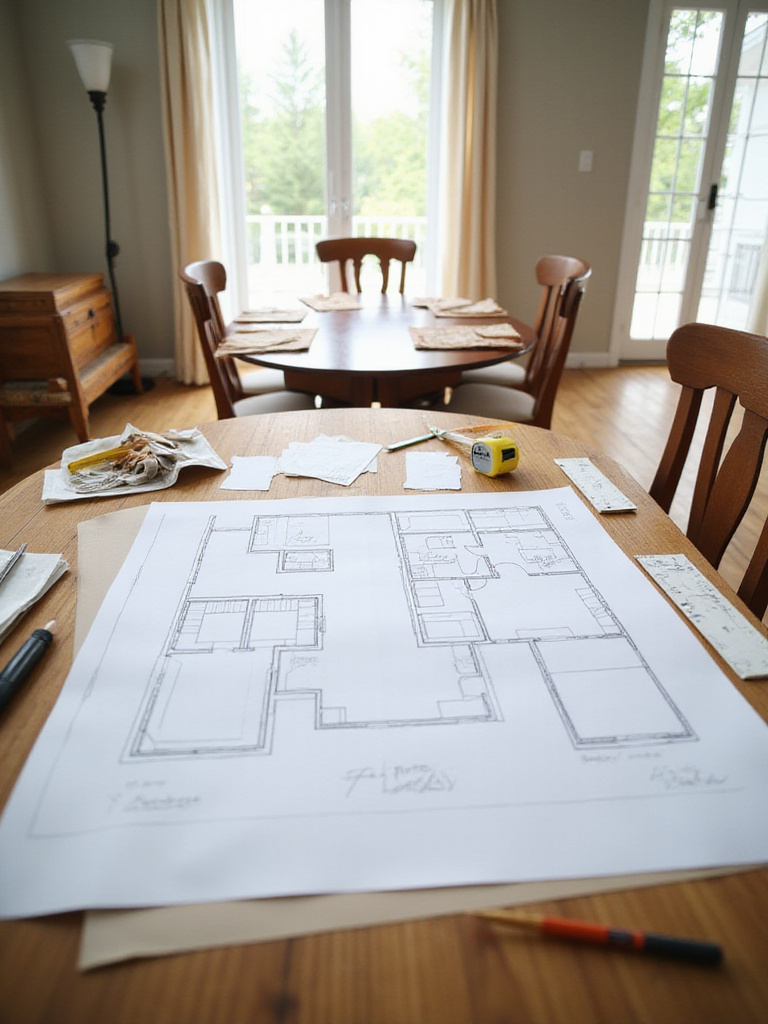 Detailed floor plan sketch of a dining room layout spread on a table with measuring tools, illustrating the process of planning furniture placement before moving.