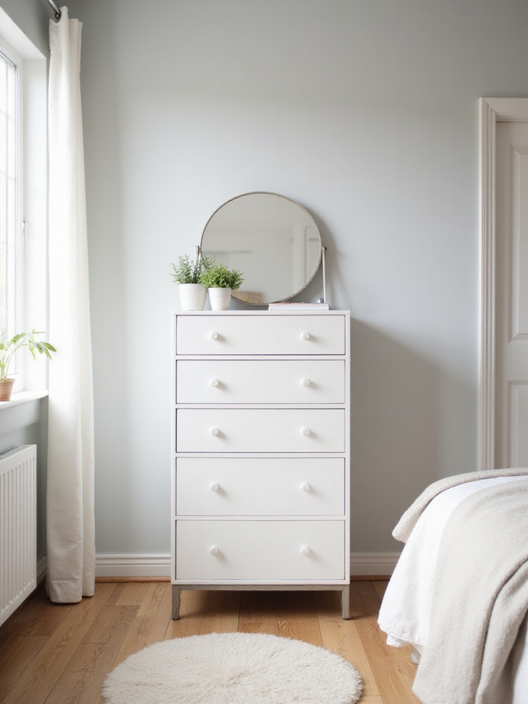 Small bedroom featuring a white tallboy dresser for vertical storage