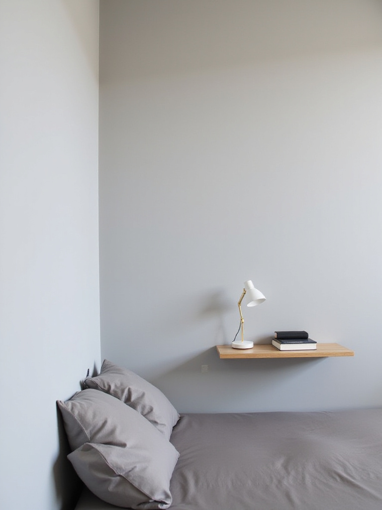 Small bedroom with floating shelf nightstand