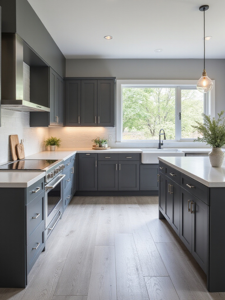 Sleek modern kitchen with matte charcoal gray flat-panel cabinets, white quartz countertops, and minimalist hardware.