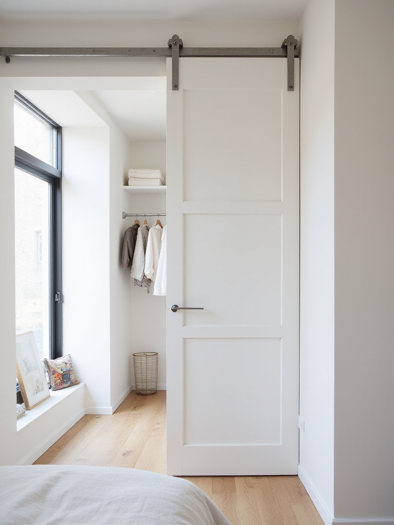 Small bedroom featuring a space-saving barn door leading to a closet.