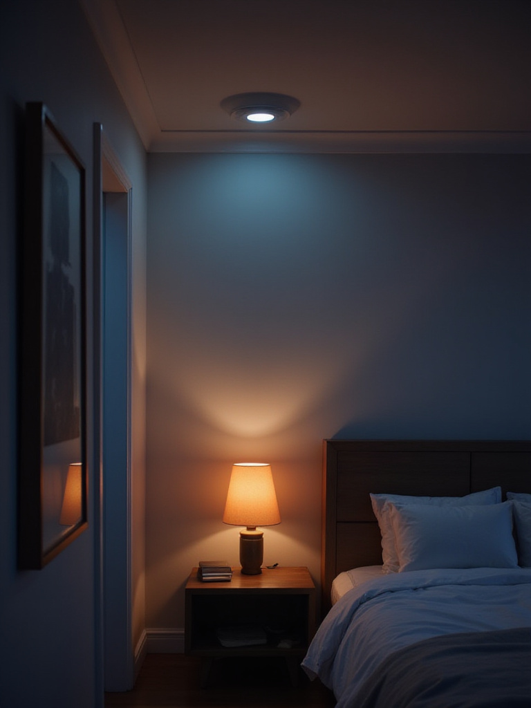 Bedroom interior with smart bulbs providing color-changing and remote-controlled lighting