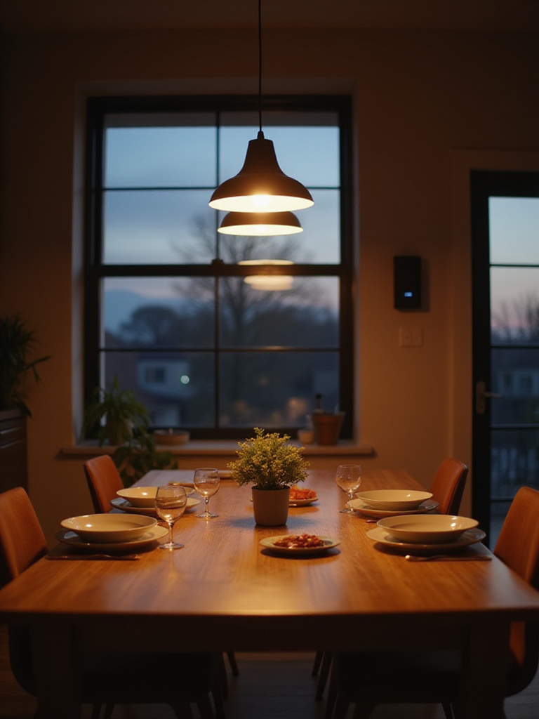 Modern kitchen dining table illuminated by a smart pendant light with adjustable brightness and color temperature.