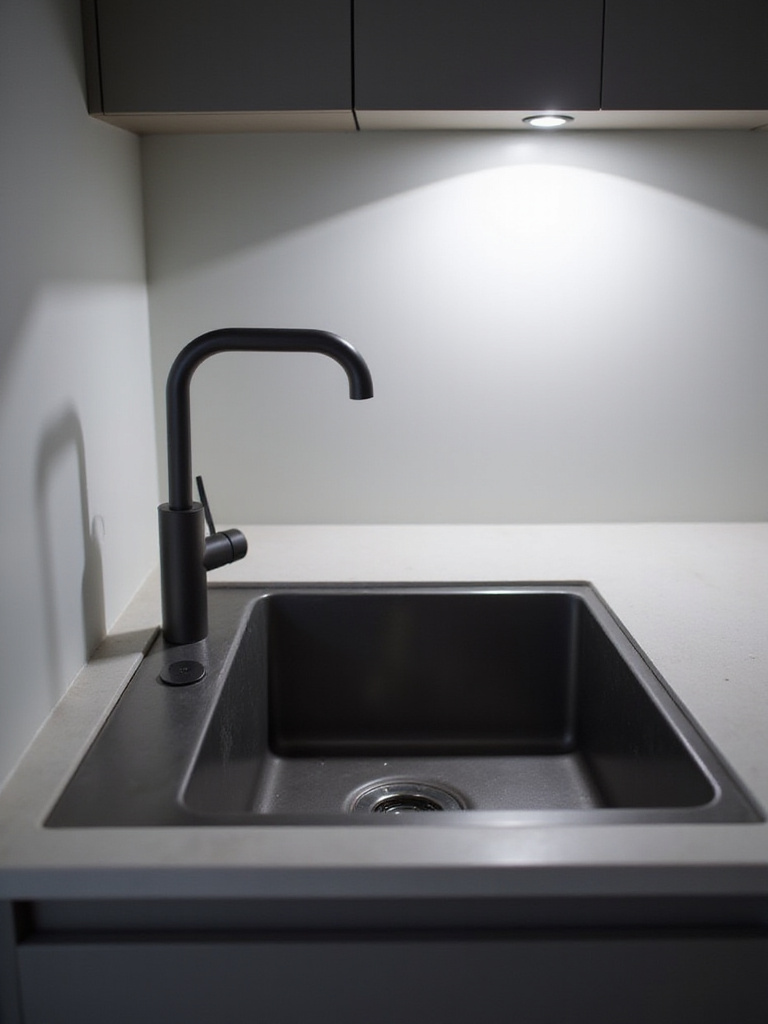 Modern kitchen sink with a sleek, touchless faucet dispensing water, showcasing smart sink technology.