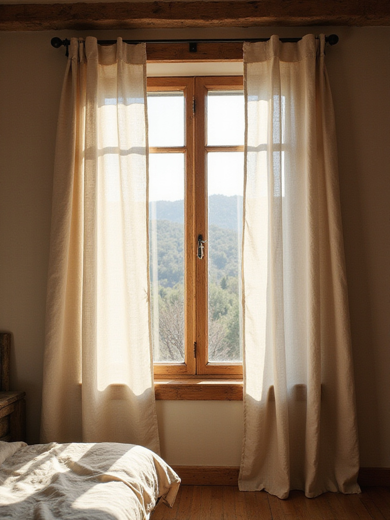 Rustic bedroom window with simple linen curtains diffusing soft natural light, creating a cozy, textured feel.