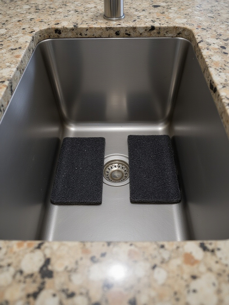 Underside view of a modern stainless steel kitchen sink showing large sound dampening pads and spray coating applied to the basin for noise reduction.