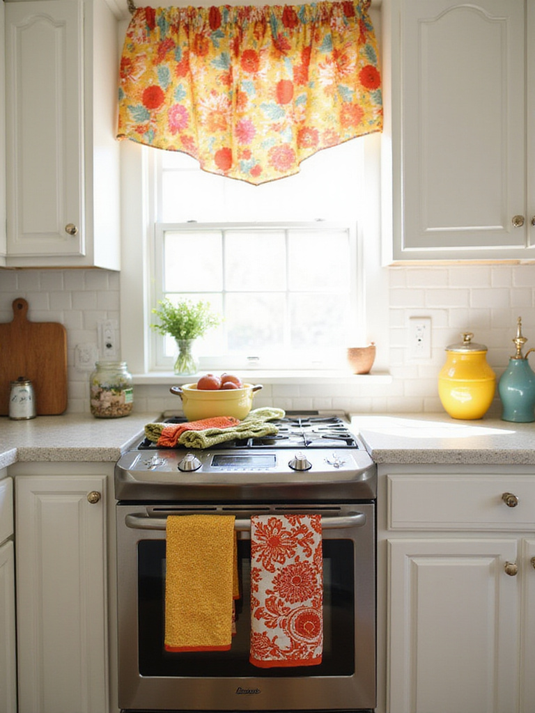 A bright apartment kitchen featuring colorful patterned valance curtains on the window and vibrant dish towels draped over the oven handle and hanging near the sink, adding splashes of color and personality.