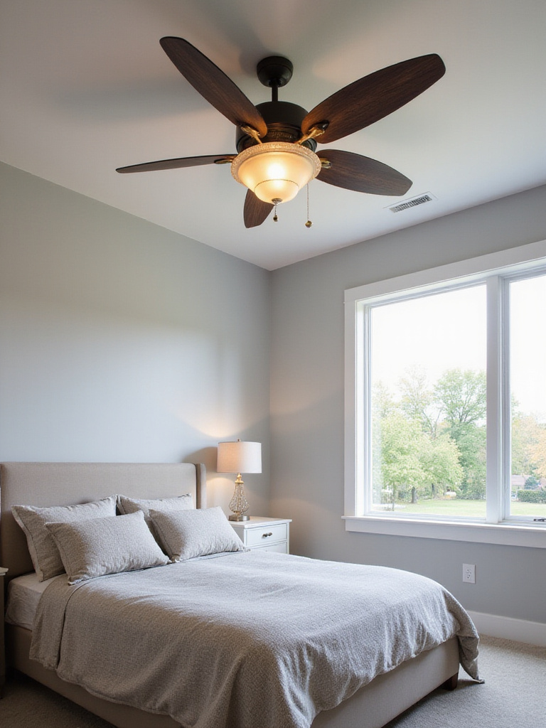 Modern bedroom with statement ceiling fan and integrated lights, showcasing a stylish and functional lighting solution.