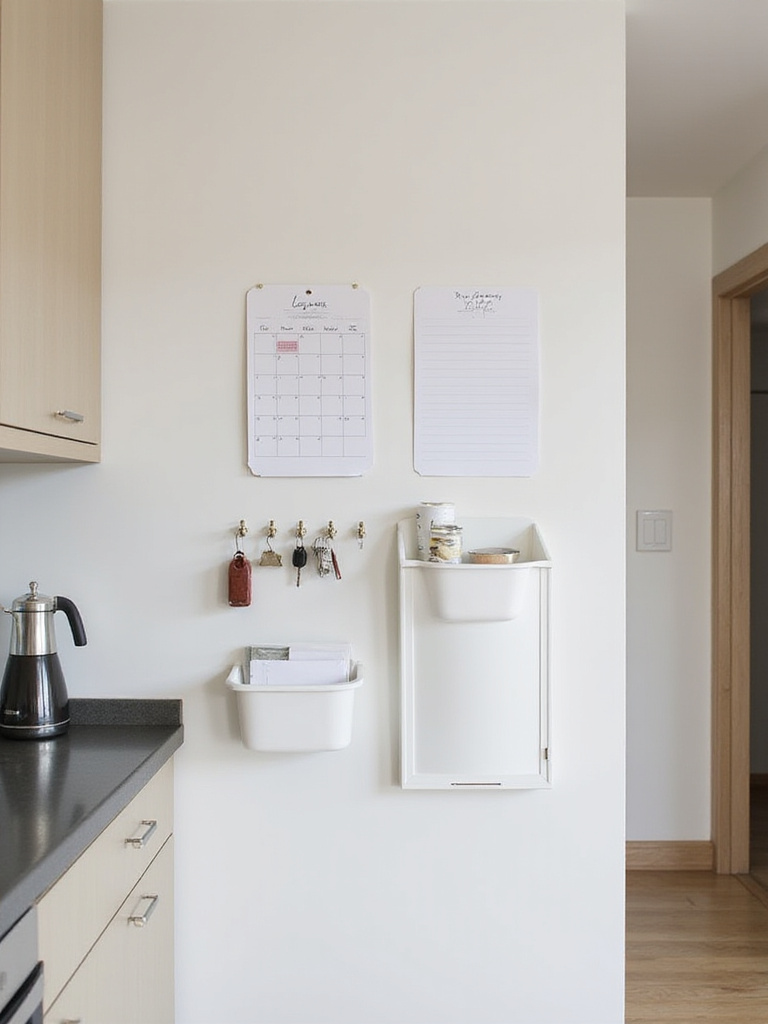 Organized kitchen command center on an apartment wall featuring a calendar, whiteboard, key hooks, and mail bins.
