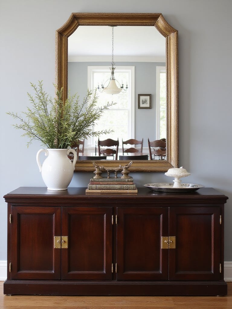 Elegant dining room with dark wood sideboard displaying decorative items and a large mirror