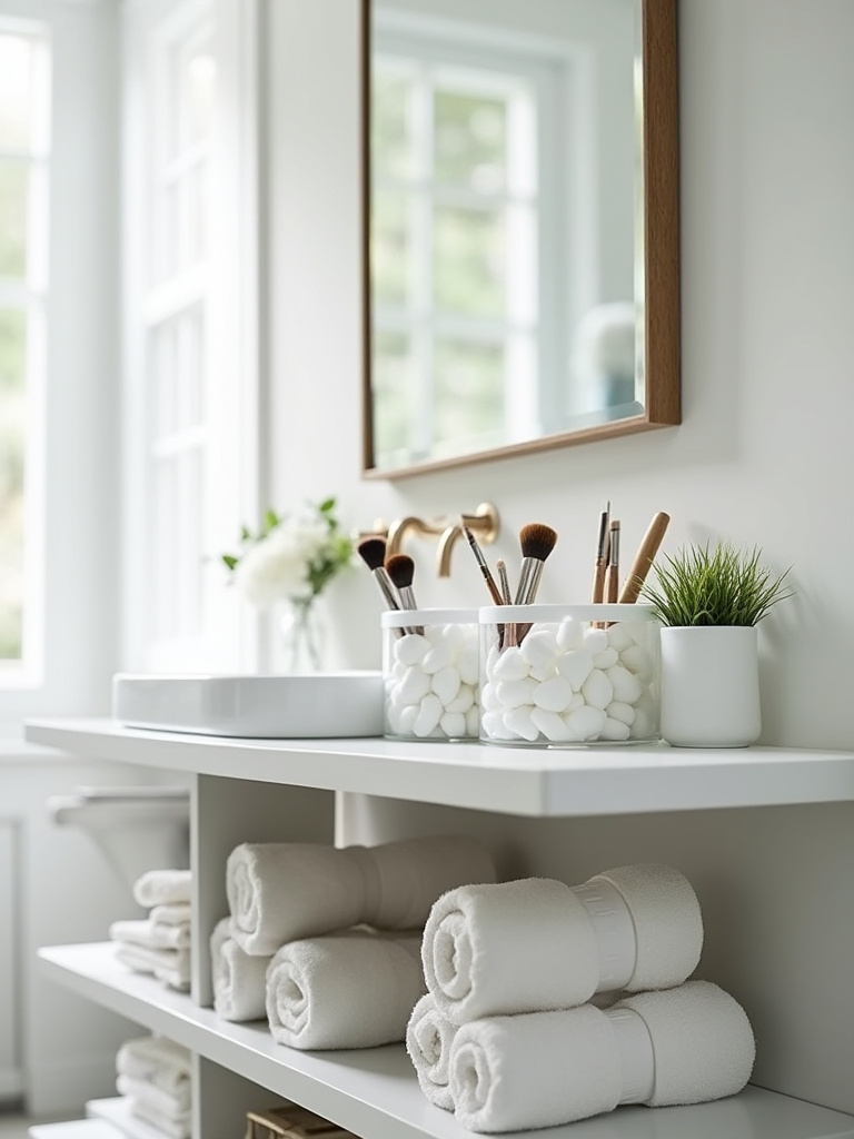 Small bathroom organization using clear and matching containers on vanity shelves.
