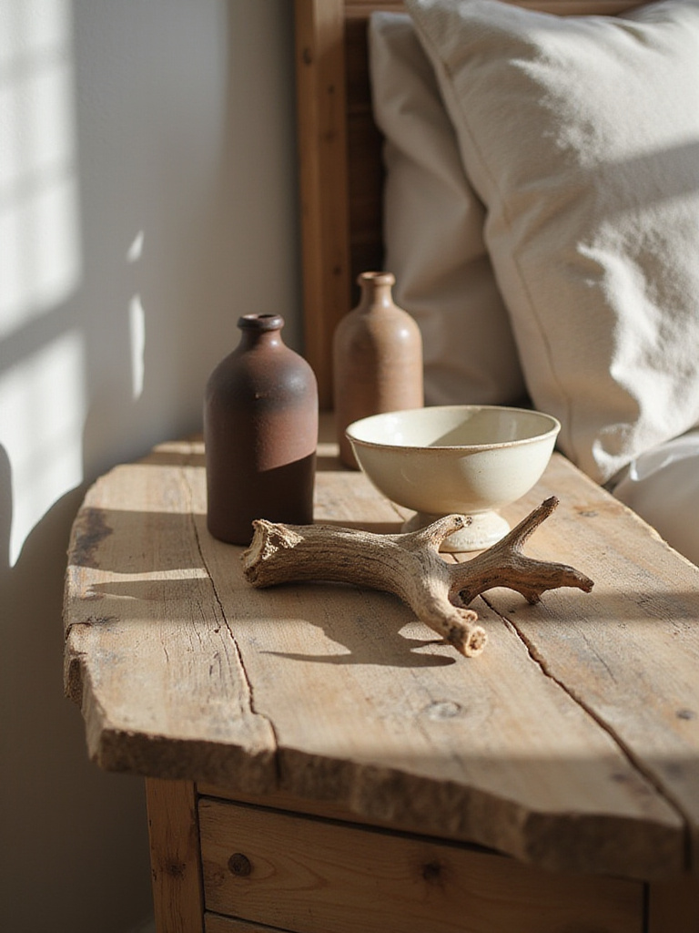Rustic bedroom dresser styled with earthy ceramic pottery and a natural antler shed under soft natural light.