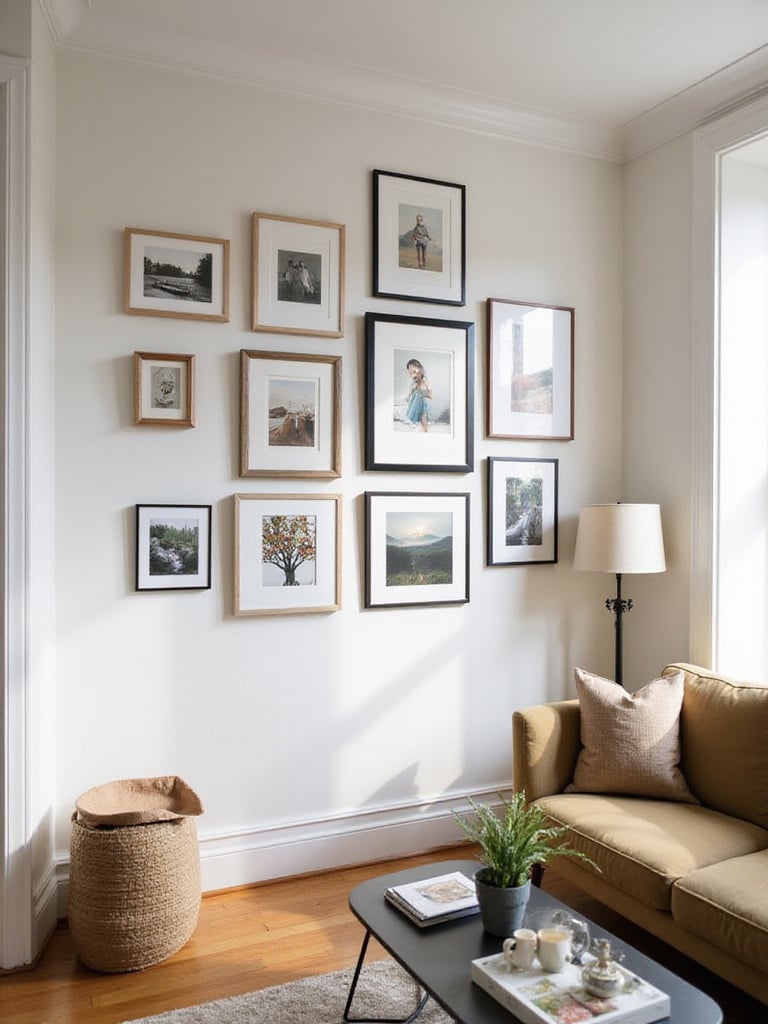 A modern gallery wall featuring a variety of framed artwork and photographs in a stylish living room.
