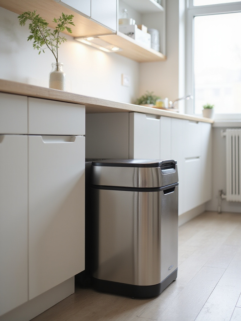 Stylish brushed stainless steel multi-compartment trash and recycling bin in a modern apartment kitchen, blending seamlessly with the decor.
