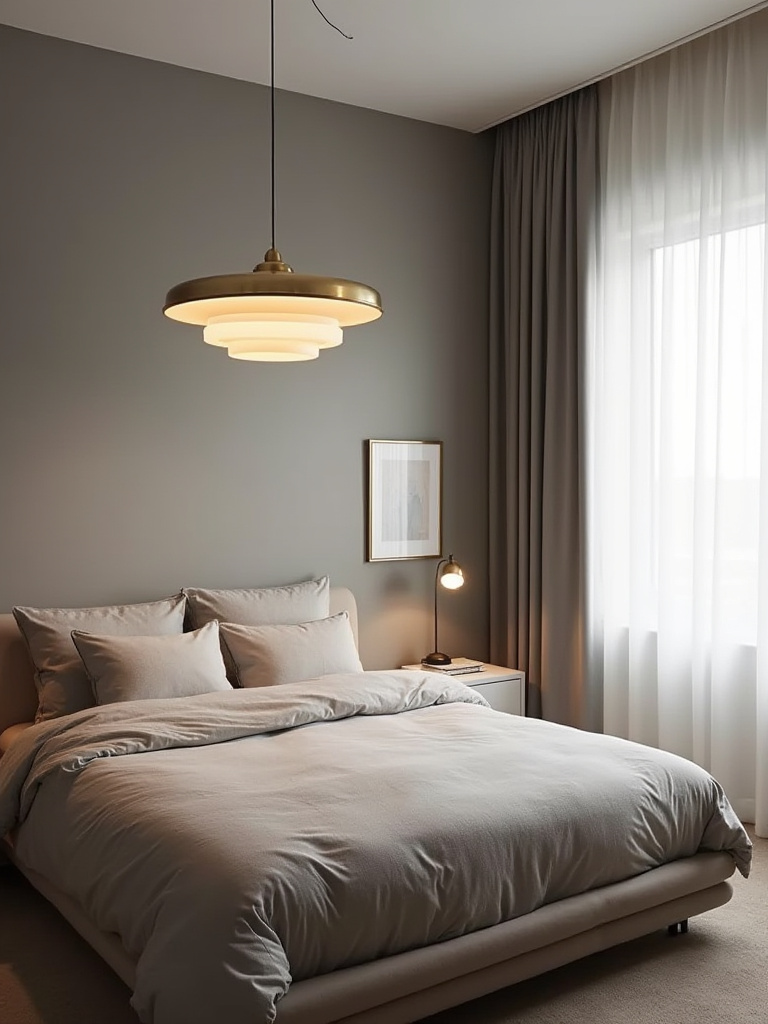 Bedroom with stylish brass pendant light as focal point
