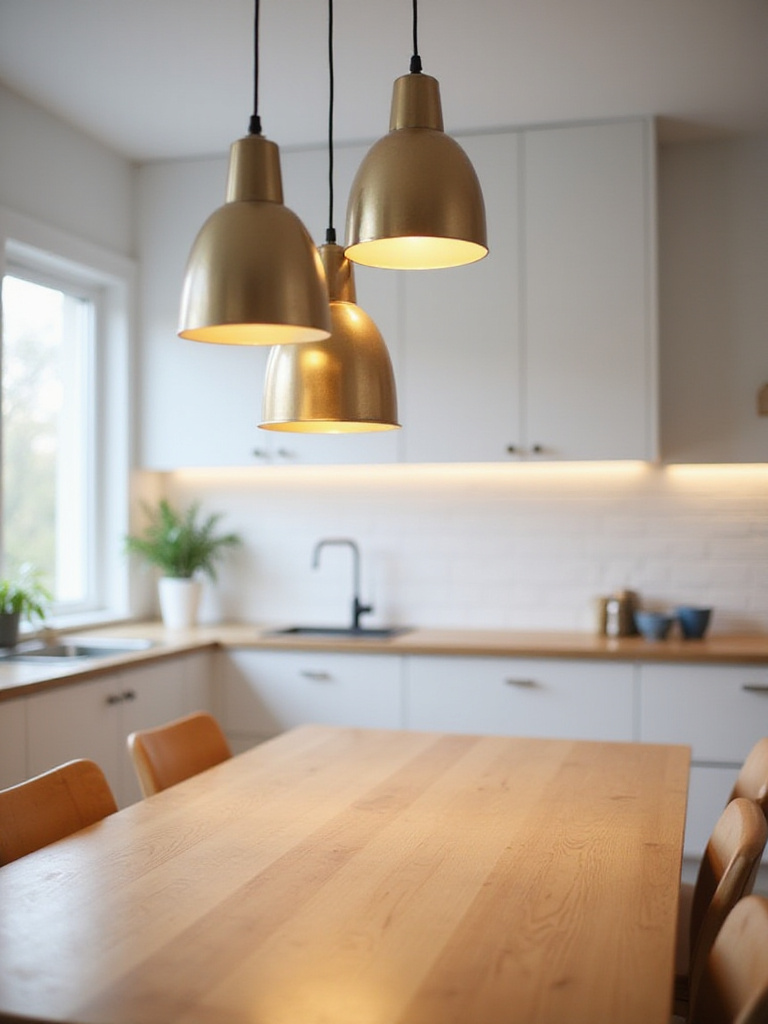 Budget-friendly kitchen lighting over a dining table with metal pendant lights.