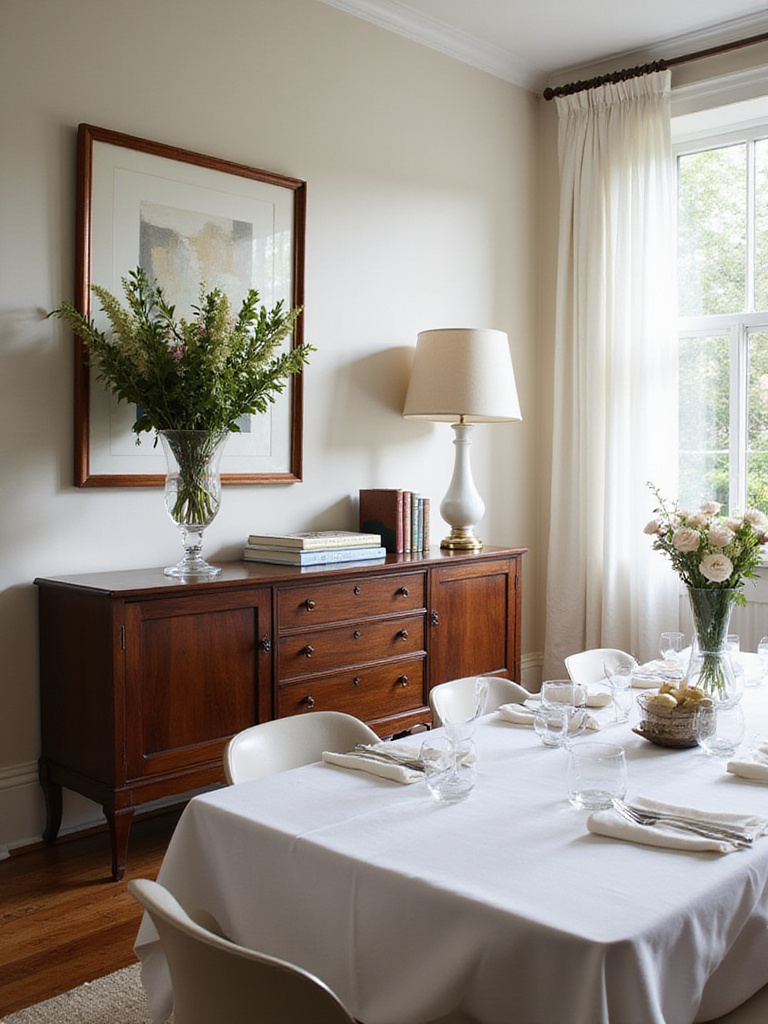 Stylish dining room featuring a dark wood sideboard with decorative accessories.