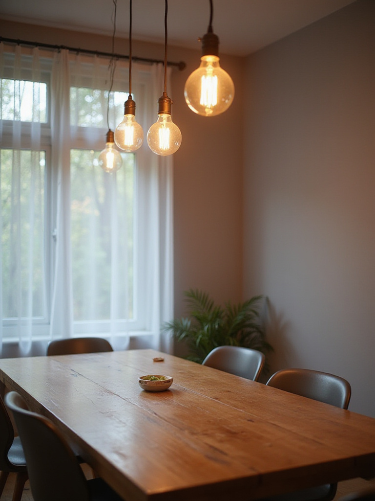 Energy-efficient LED pendant lights illuminating a kitchen dining table.