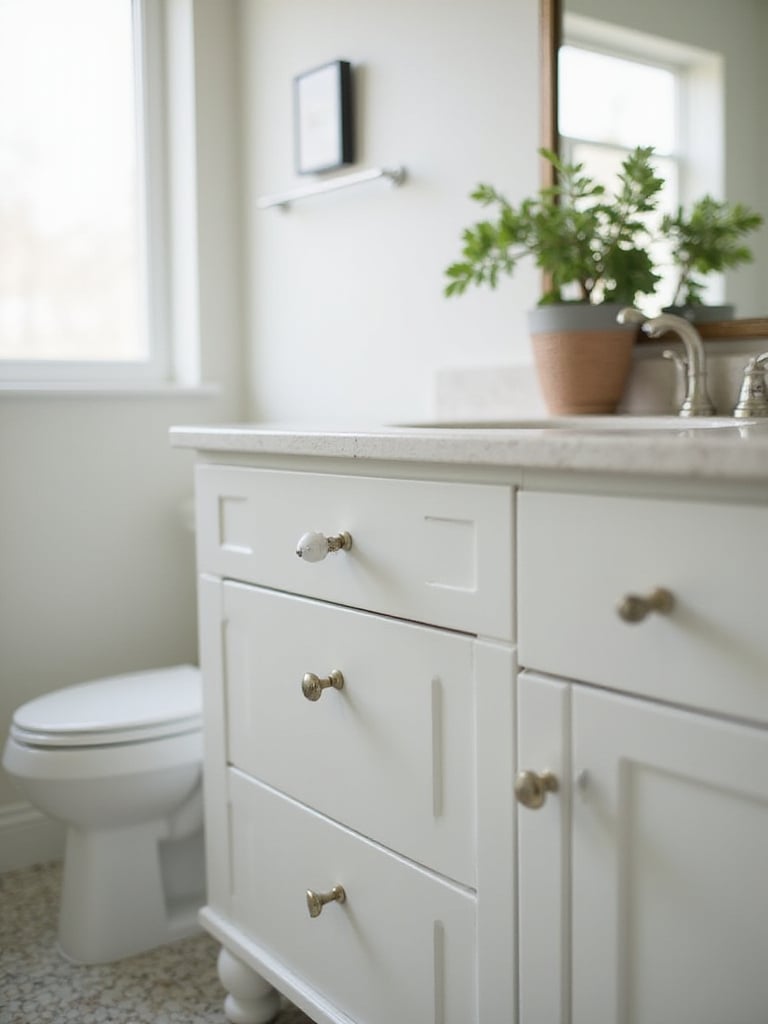 Bathroom vanity with new, stylish cabinet hardware, showcasing a budget-friendly update.