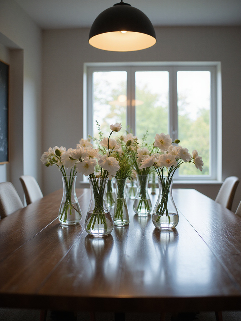 Modern dining room with a stunning centerpiece of white flowers in glass vases.