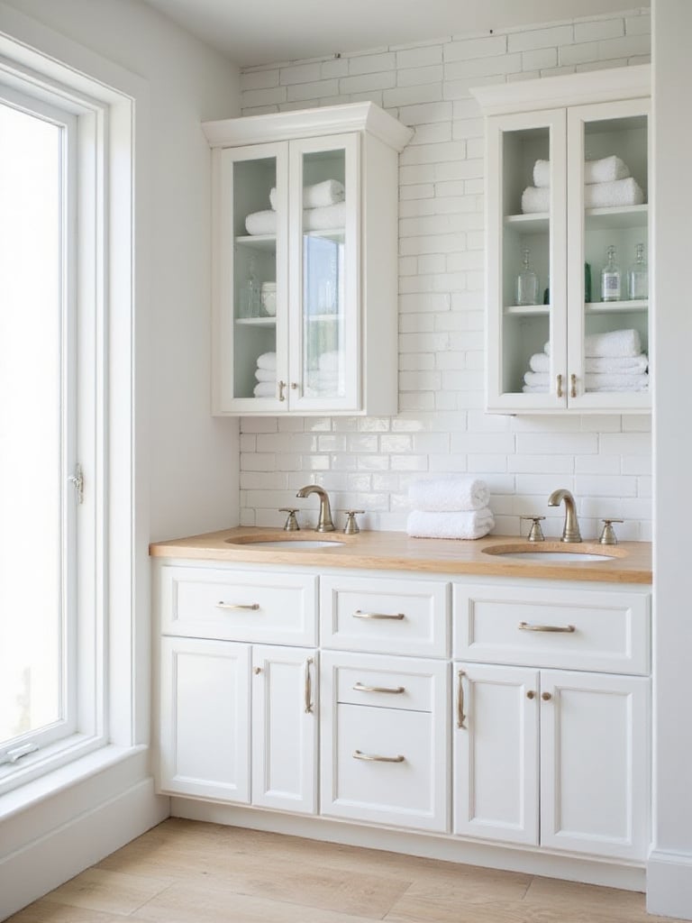 Wall-mounted bathroom cabinets with clear glass fronts displaying neatly folded white towels and decorative bottles above a wood vanity.
