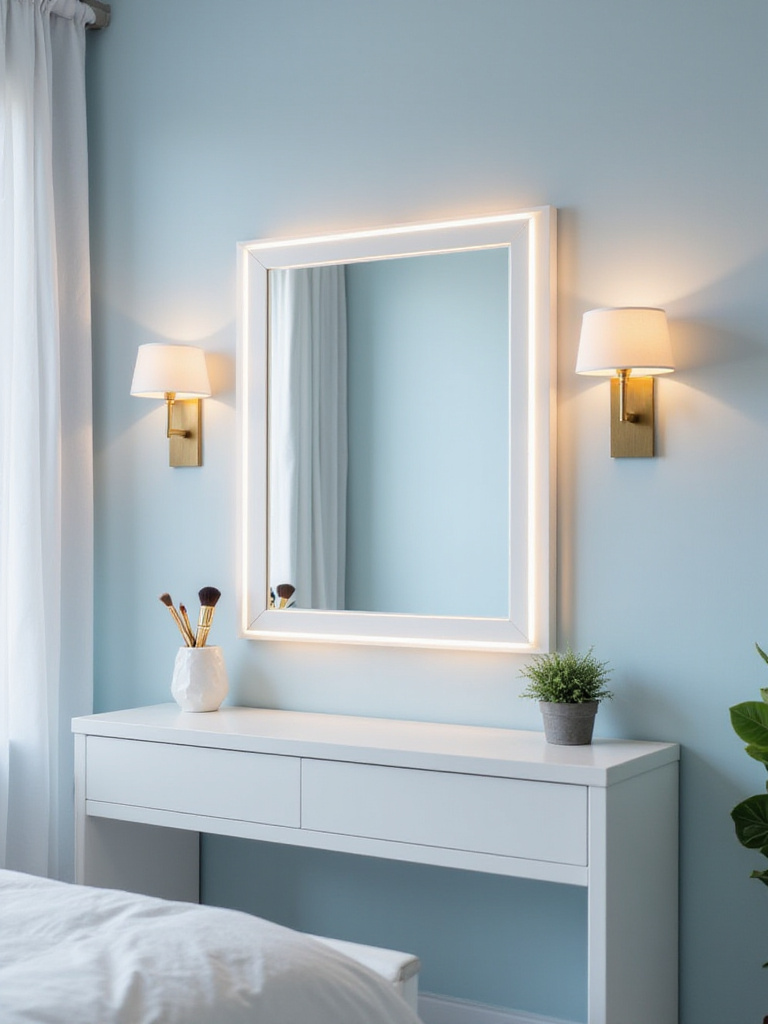 Modern bedroom vanity area with LED mirror and sconce lighting