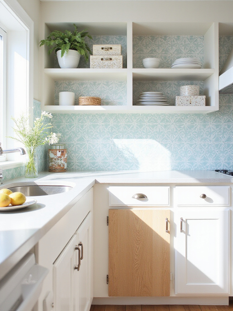 Apartment kitchen with blue and white geometric peel-and-stick wallpaper backsplash, patterned contact paper lining shelves, and a wood-grain contact paper cabinet panel, showcasing temporary decor ideas.