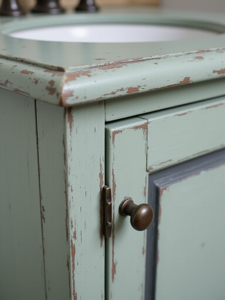 Detailed close-up of a sage green distressed wood vanity, showing layered paint, sanded edges, and textured imperfections that create an antique feel.