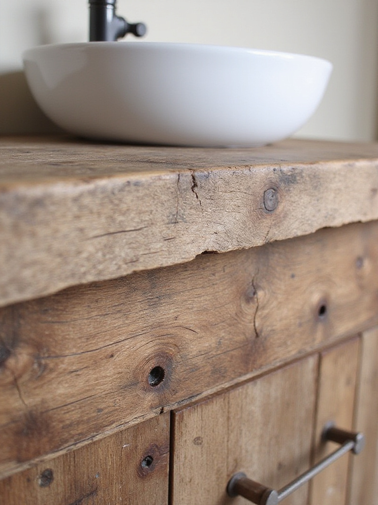 Close-up of a farmhouse vanity made from reclaimed barn wood, highlighting its nail holes, saw marks, and varied tones.