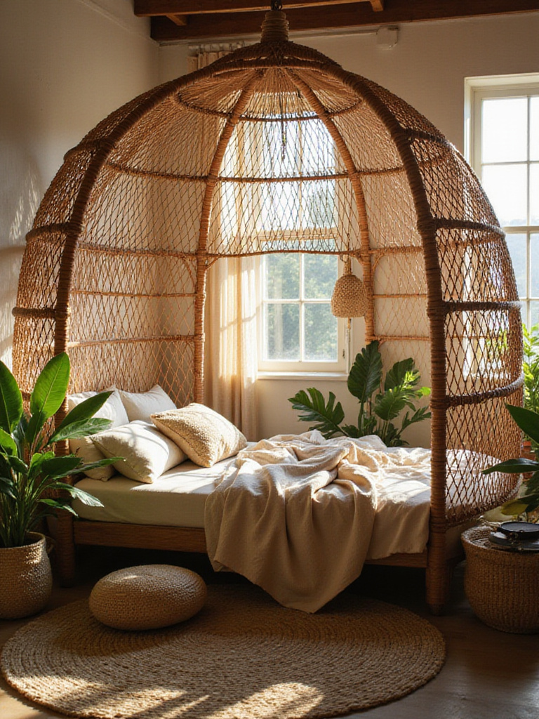 Boho bedroom featuring a woven rattan bed frame with layered natural textiles and plants.