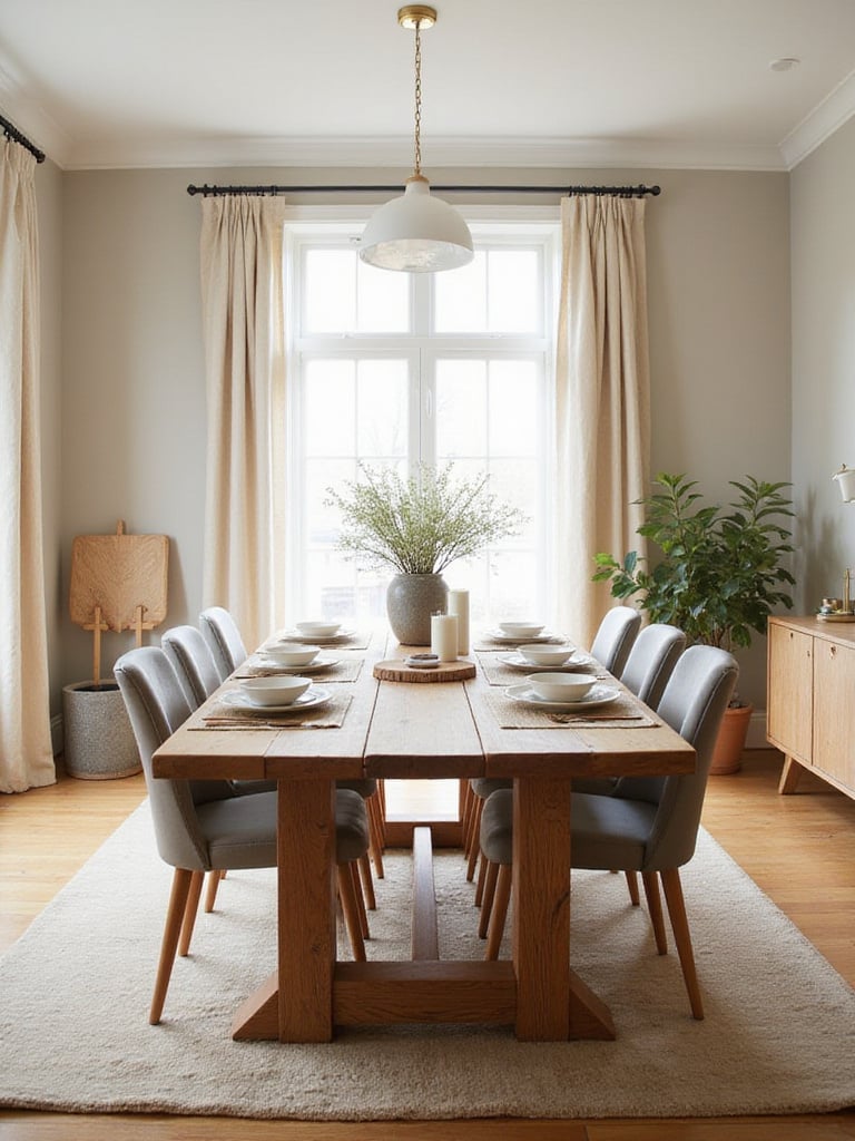 Modern farmhouse dining room with a wooden rectangular table and natural light.