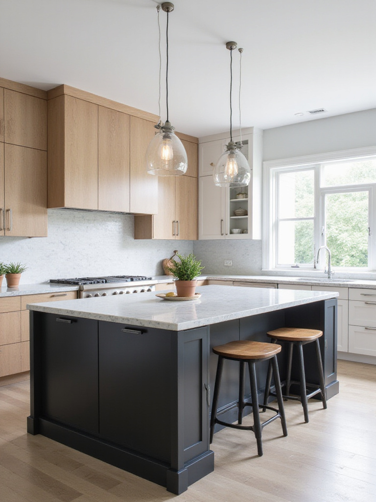A modern kitchen featuring a large, dark charcoal gray island with a white quartz countertop and bar stool seating, serving as a prominent centerpiece against lighter perimeter cabinets.