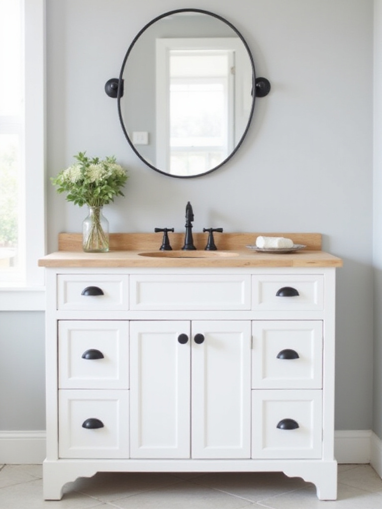 Crisp white farmhouse vanity with shaker doors, matte black knobs, butcher block countertop, and a round black-framed mirror.