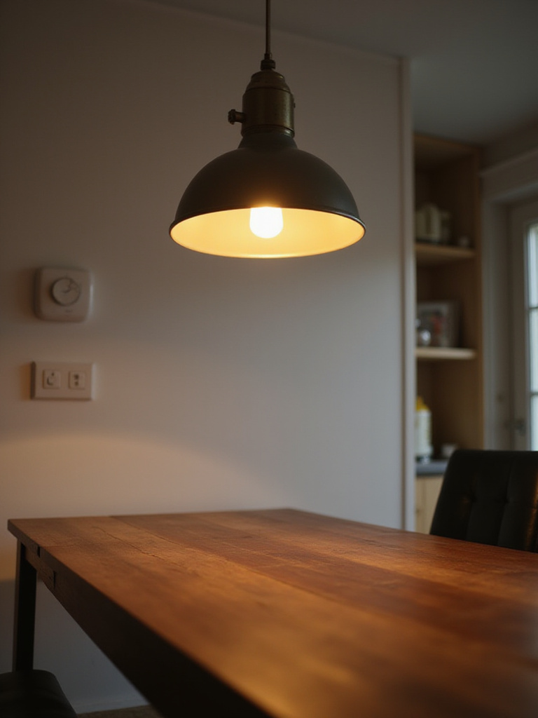 Kitchen table illuminated by dimmable pendant light, creating a warm and inviting atmosphere.