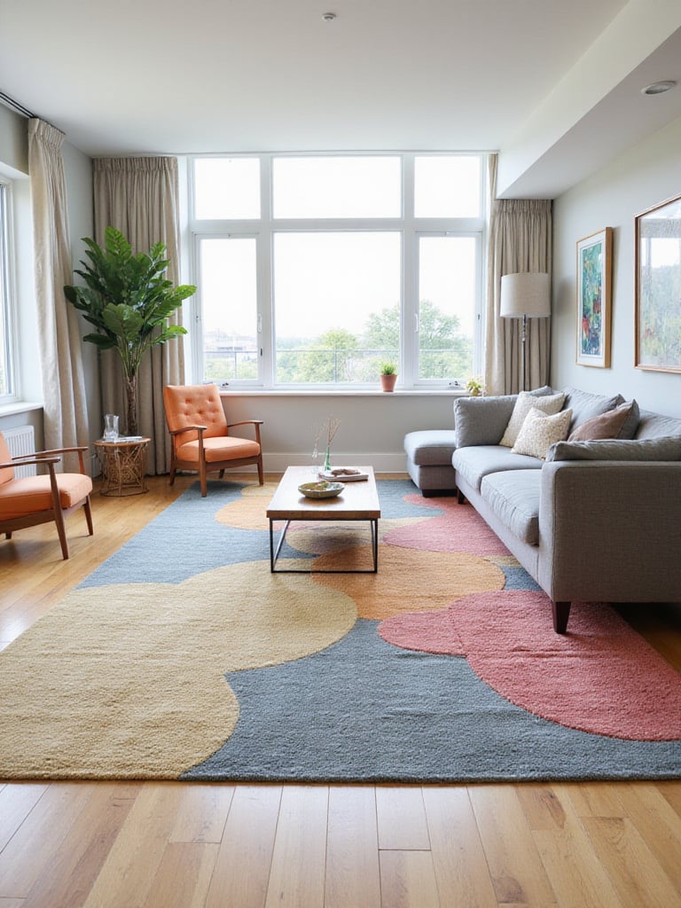 A modern living room with a large colorful area rug anchoring the seating area, showcasing how a rug defines space and adds color.