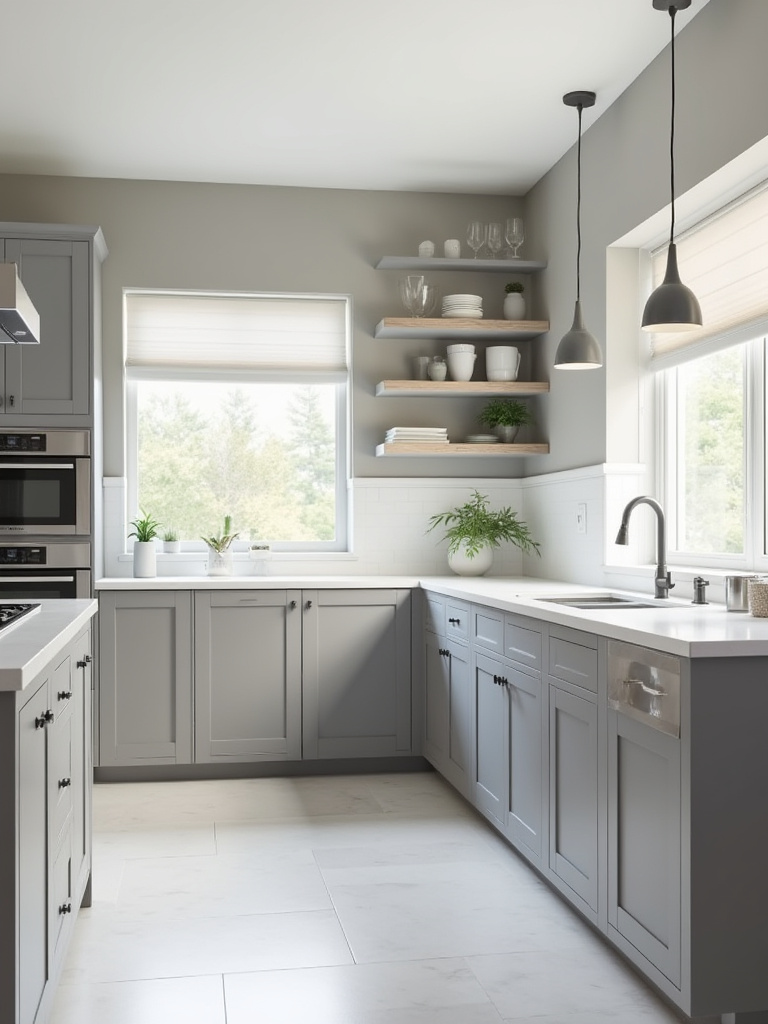 Modern kitchen with neutral gray flat-panel cabinets, light countertops, and a white tile backsplash, showcasing gray's versatility.